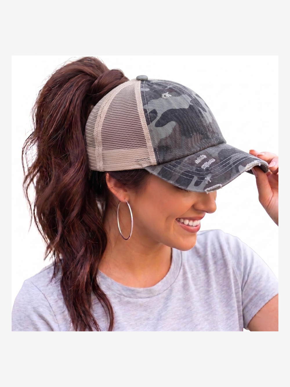 Criss Cross Ponytail Cap, Messy Bun Distressed Baseball | Tan, Black | Size OS